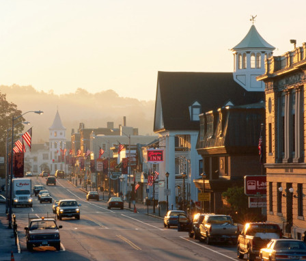 Main Street in a small town in New Hampshire at sunrise