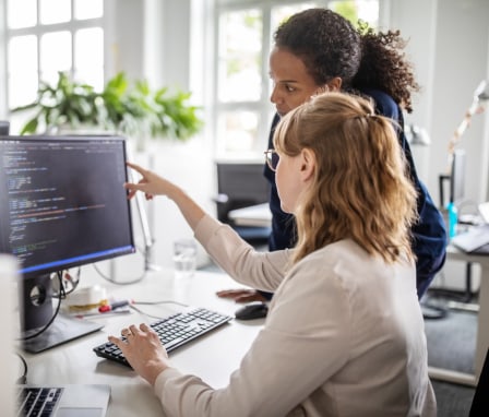 Coworkers discussing computer program in office